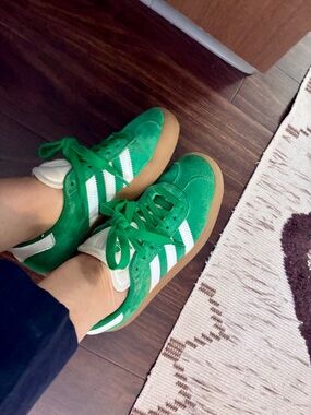 adidas Green Suede Gazelle Sneakers with White Stripes and Gum Sole